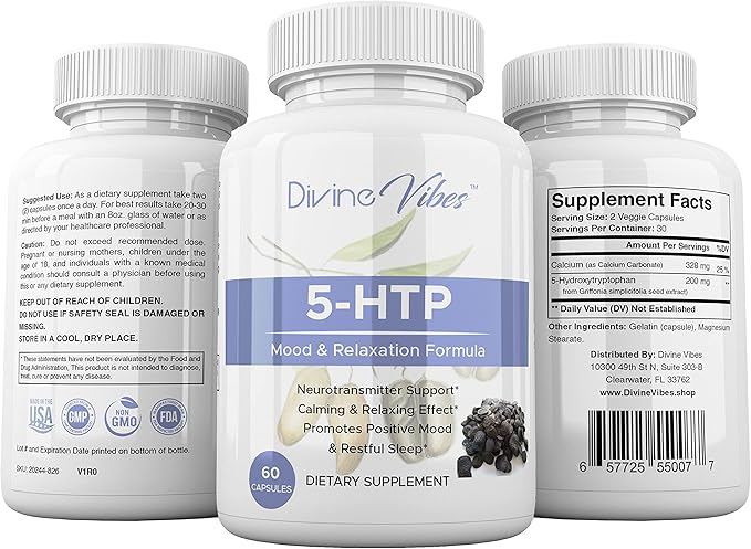 Divine Vibes 5-HTP 200mg Plus Calcium for Mood Sleep Stress Support - Boosts Serotonin Production - High Purity – 60 Capsules