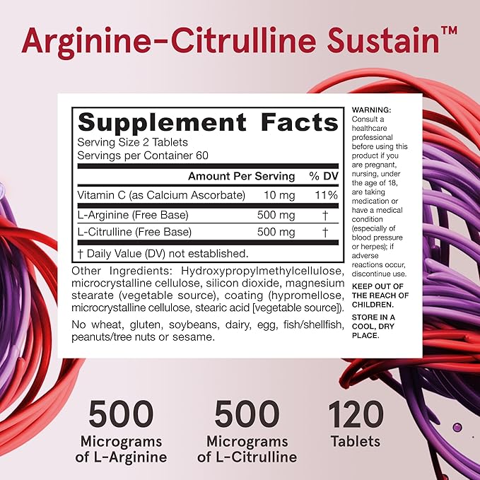 Jarrow Formulas Arginine-Citrulline Sustain - Supplement Supports Nitric Oxide Production Blood Flow &amp Cardiovascular Health - Men's Health Formula - Up to 60 Servings