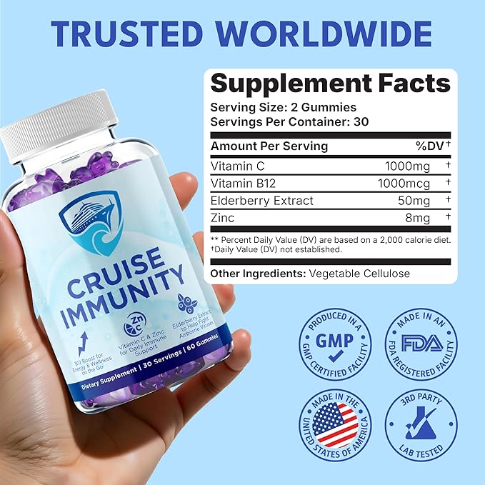 Immune Support Gummies for Cruisers with Vitamin C B12 Zinc Elderberry Extract 60 Gummies 30 Servings Cruise and Travel Specific Wellness Supplement