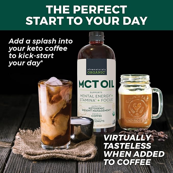 Viva Naturals Organic MCT Oil 32 fl oz – MCT Oil for Coffee USDA Organic Non-GMO Paleo Certified &amp Keto Friendly Supports Energy &amp Mental Clarity