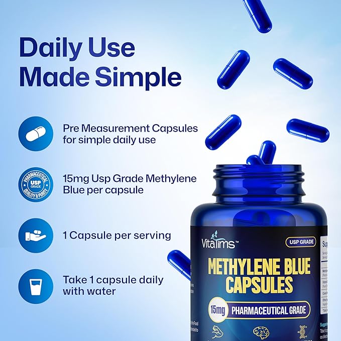 Methylene Blue Capsules – 15 mg with Vitamin C Ester - USP-Grade 99% Pure Formaldehyde-Free Formula – 60 Vegan Capsules for Focus Energy &amp Everyday Well-Being