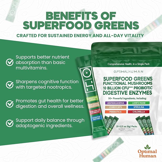 Optimal Human Superfood Greens Powder – 90+ Ingredient Blend with Lion’s Mane Supplement Ashwagandha &amp Turmeric – Non-GMO Soy-Free Mushroom Supplements for Women – 20 Sachets