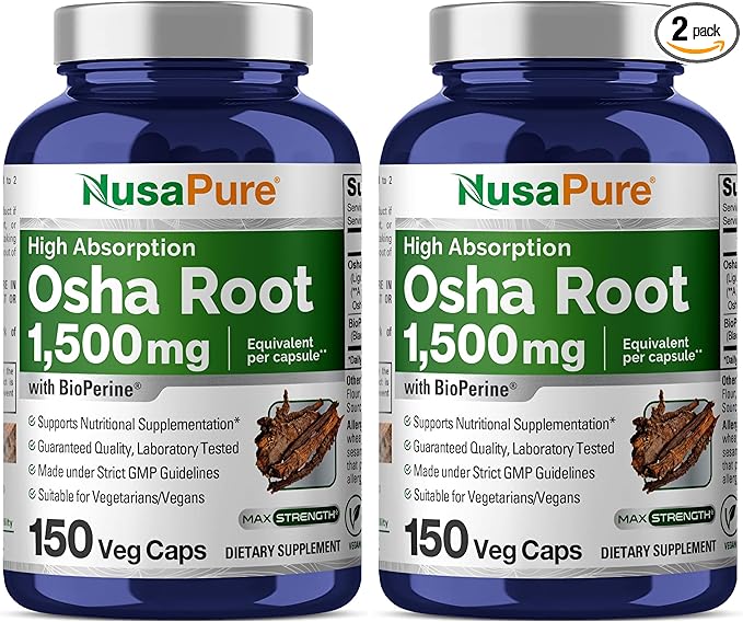NusaPure OSHA Root Extract 1500 mg per Vegan Caps - 150 Count (10:1 Extract Non-GMO Vegan Bioperine) Ligusticum Porteri (Pack of 2)