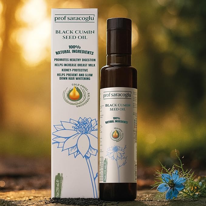 Prof Saracoglu Premium Black Seed Oil Cold Pressed Glass Bottle- Turkish Nigella Sativa- Unrefined &amp Solvent Free Liquid Black Cumin for Hair Skin &amp Immune Support Non-GMO Mild Taste- 8.45