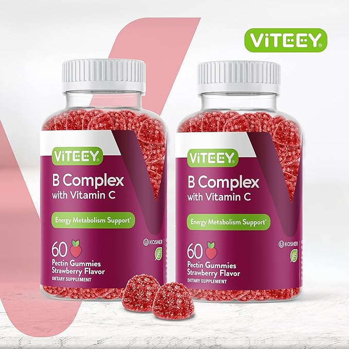 Viteey Vitamin B Complex Gummies with Vitamin C - Energy Metabolism &amp Immune Support - B6 B12 Niacin Folic Acid Biotin Calcium - Vegan Gluten-Free - 120 Count