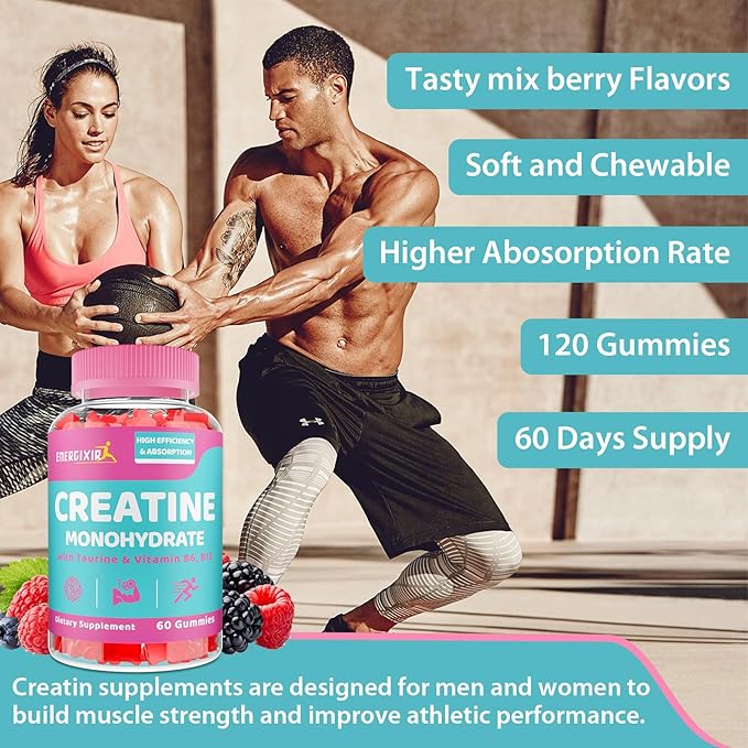 Creatine for Women 120 Counts Creatine Monohydrate Gummies - No Bloating - Creatine Pre and Post Workout Chewables Supplement with Taurine &amp B6 - for Recovery Strength Energy &amp Booty Perfo