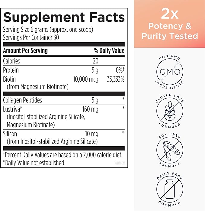 Designs for Health Whole Beauty Collagen - Collagen Peptides Silica &amp Biotin Powder to Support Hair Skin and Nails - Support Hair Strength &amp Fullness (30 Servings)