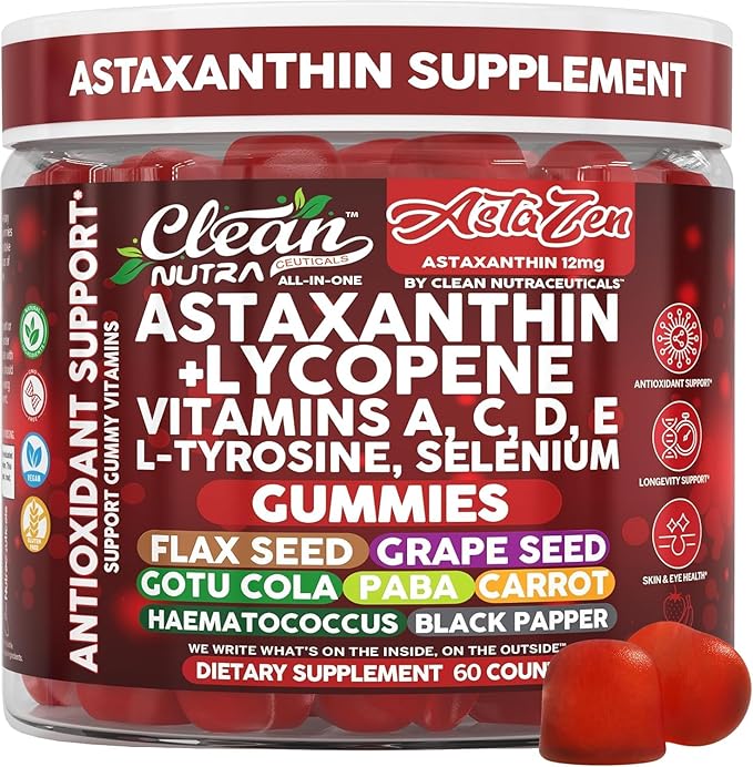 Clean Nutraceuticals AstaZen Astaxanthin Gummies 12mg - with Lycopene Vitamins A C D E L-Tyrosine &amp Selenium - Antioxidant Support Gummies - 60 Count
