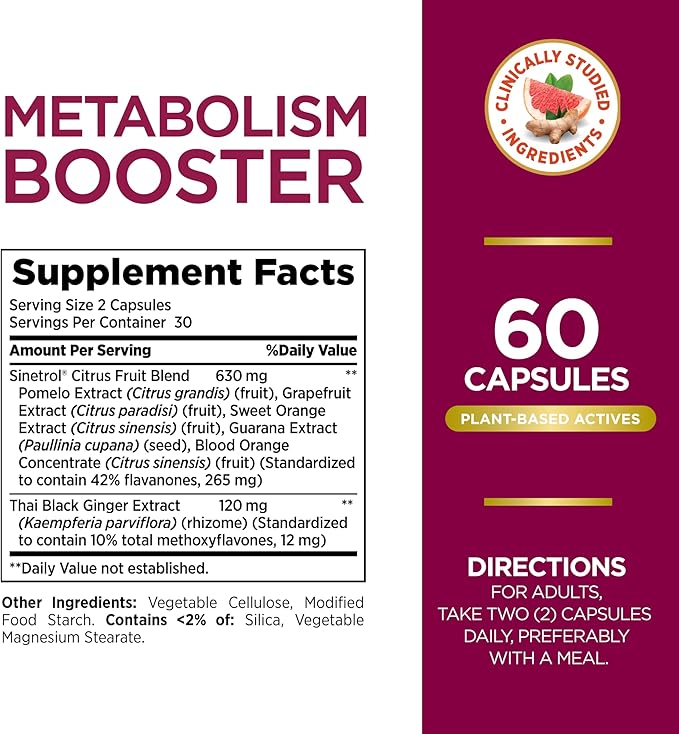 Nature's Bounty Optimal Solutions Metabolism Booster Supplement Boosts Fat Metabolism Promotes Abdominal Fat Loss with Citrus Extracts and Black Ginger 60 Capsules (Pack of 2)