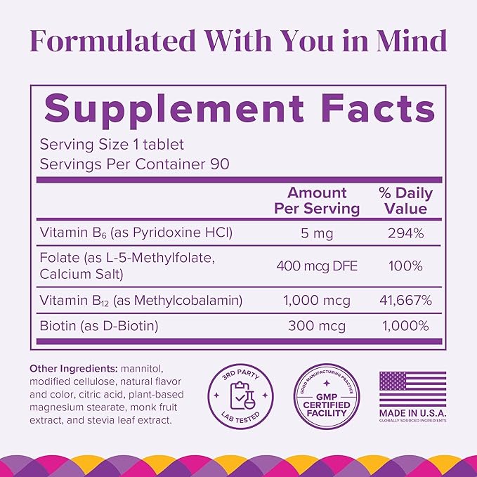 BariMelts Vitamin B12 Plus 90 Fast-Dissolving Tablets (3-Month Supply) Sugar-Free Bariatric Vitamins for Women Includes B12 B6 Folate and Biotin Natural Cherry Flavor