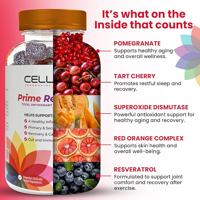 Cellev8 Prime Recovery Joint &amp Muscle Recovery Gummies - 60 Count - Antioxidant Cellular Health Daily Energy Wellness Supplements with SOD Tart Cherry - NSF Sport Formula Raspberry Flavor