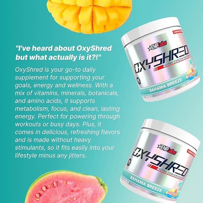 EHP Labs OxyShred Pre Workout Powder - Preworkout Powder with L Glutamine &amp Acetyl L Carnitine Energy Boost Drink - Bahama Breeze/Beach 60 Servings