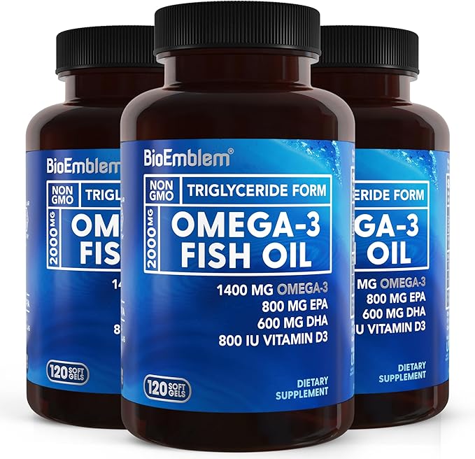 BioEmblem Omega-3 Fish Oil 2000mg - Small Size Softgels High Absorption Form Sustainable - 1400mg EPA &ampDHA Plus Vitamin D3 Non-GMO Heart Joint &amp Brain Health Fish Oil Supplement 360 Ct