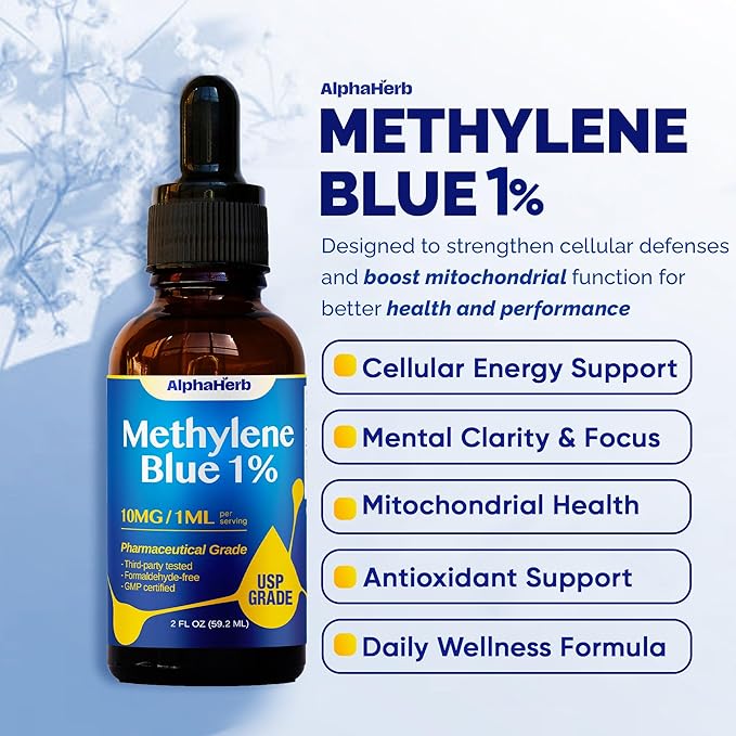 Methylene Blue Pharmaceutical Grade USP Grade Boost Energy Enhance Focus &amp Cognitive Support cGMP Certified Gluten-Free Methylene Blue 1% Drops 2 FL OZ (59.2 mL)