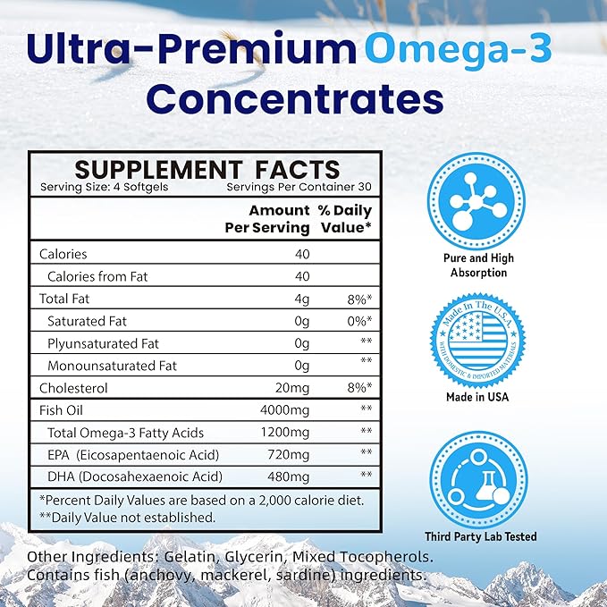 Fish Oil Omega 3 （4000mg） 120 SoftgelsOmega 3 Fatty Acid Supplements with EPA &amp DHA for Brain &amp Heart Health*