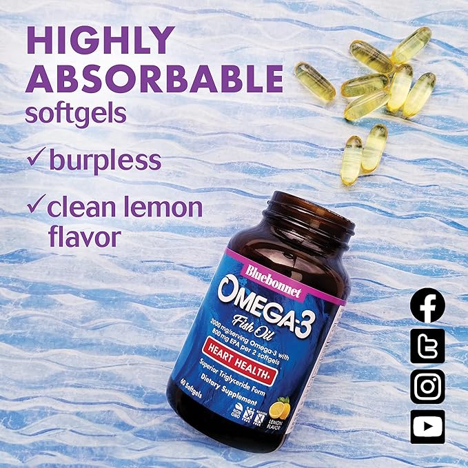 Bluebonnet Nutrition Omega-3 Heart Formula Natural Wild Caught Triglyceride Form DHA 600 mg EPA 800 mg - Highly Concentrated Heart Health Support Supplement - Gluten-Free - 60 Softgel