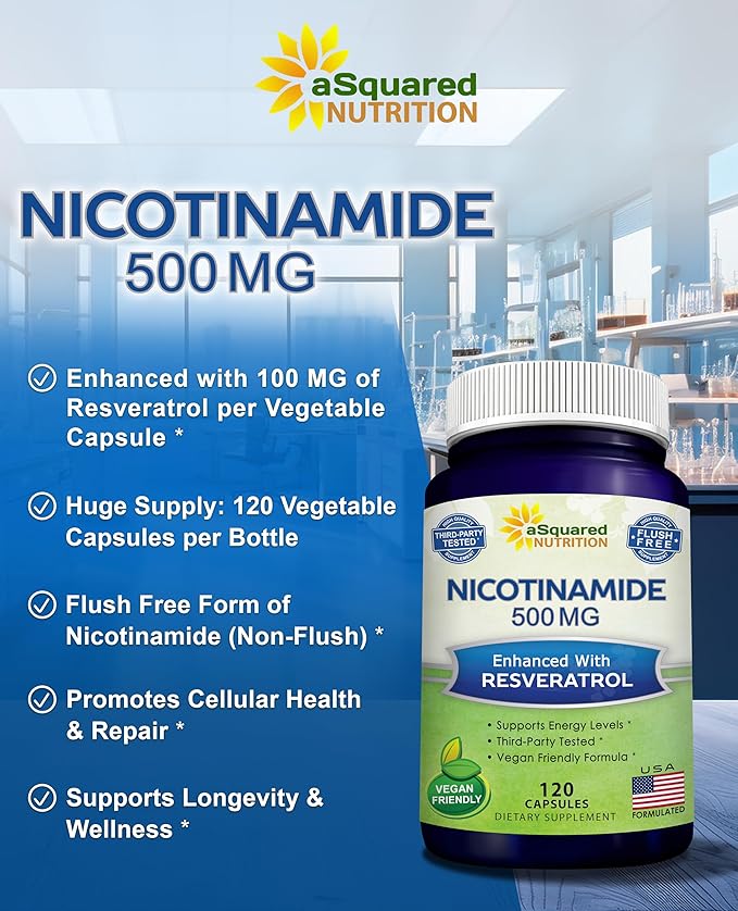 aSquared Nutrition Nicotinamide with Resveratrol - 120 Veggie Capsules - Vitamin B3 500mg (Niacinamide Flush Free) - Supplement Pills to Support NAD Skin Cell Health &amp Energy (Pack of 2)