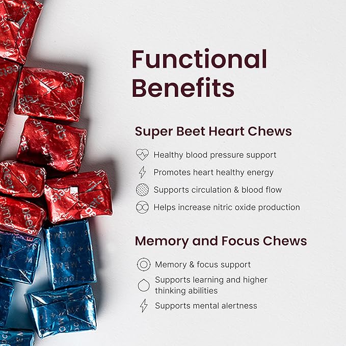 Humann SuperBeets Heart Chews &amp Memory + Focus Chews with Beet Root Powder and clinically Studied nootropics Nitric Oxide Support Mental Alertness 90 Count