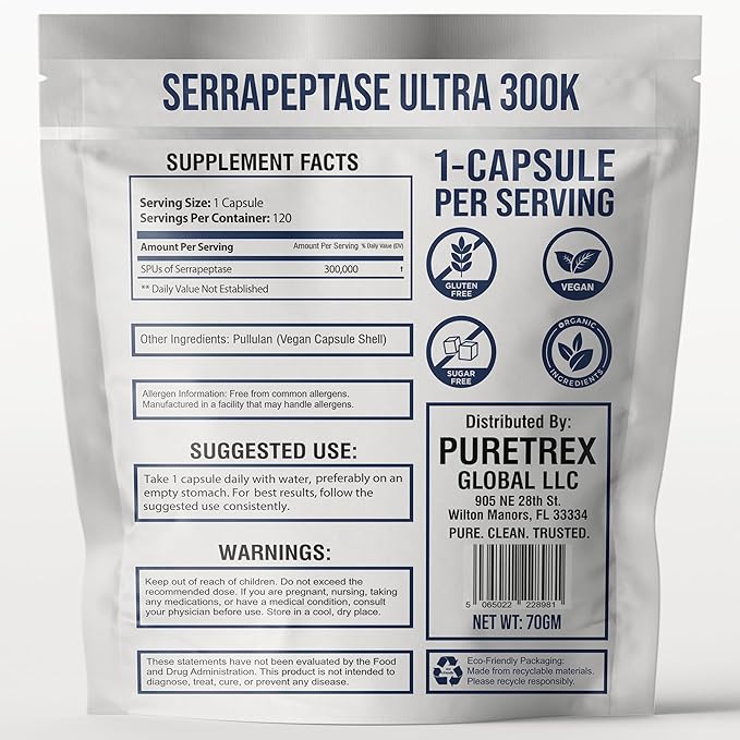 Serrapeptase Ultra 300K Enteric Coated Dietary Supplement 120 Capsules Powerful Enzyme Support Advanced Inflammation Relief Vegan Gluten Free Sugar Free