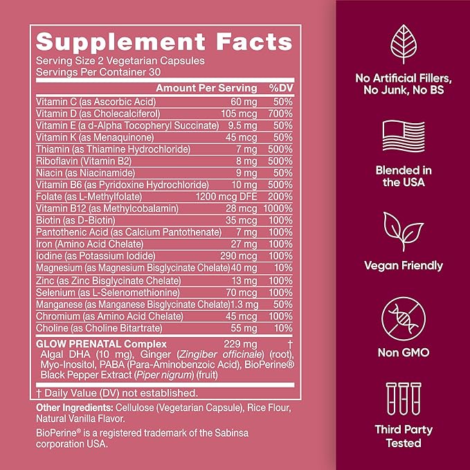 Eu Natural Glow Prenatal Vitamins for Women - 20-in-1 Prenatal Multivitamin with Folate &amp Vegan DHA - Supports Healthy Pregnancy Fetal Development &amp Mom’s Comfort - 120 Vegetarian Capsules