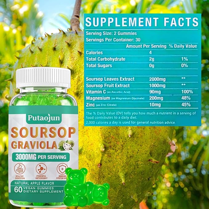 Soursop Graviola Gummies | 2000mg Soursop Leaves Extract for Digestive Cell Support Immune Support and Antioxidant | High-Absorption | Soursop Fruit for Adults | Non-GMO Vegan 120 Gummies