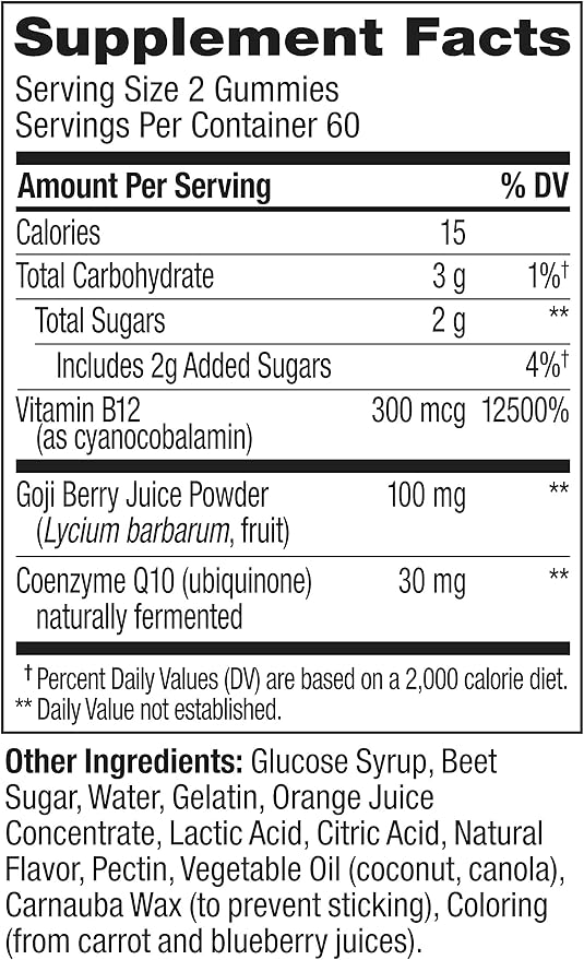 OLLY Daily Energy Gummy Caffeine Free Vitamin B12 CoQ10 Goji Berry Adult Chewable Supplement Tropical Flavor - 120 Count Pouch