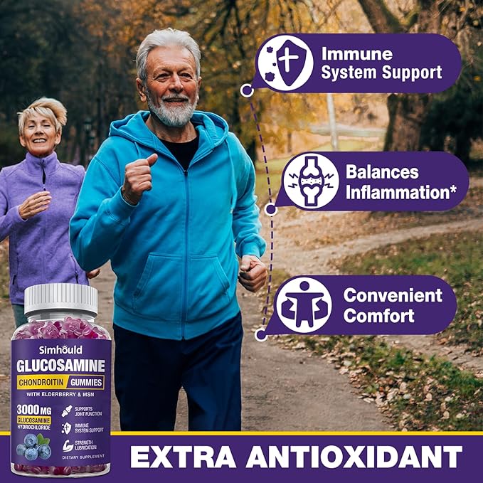 Simhould 2 Packs Glucosamine Chondroitin Gummies - 3000MG Extra Strength Joint Support Supplement with MSM &amp Elderberry Flexibility Antioxidant Immune Support Gummy for Adults Men &amp Women