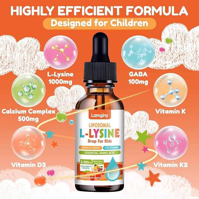 L-lysine 1000mg Supplement Liposomal Lysine Liquid Drops for Adults L-Lysine Liqud Drops 1000mg Lysine for Kids &amp Adults with Calcium Complex GABA Vitamins Skin &amp Lip Health Immune &amp