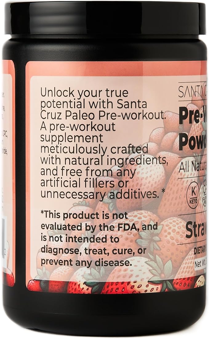 Santa Cruz Paleo Pre Workout Powder Electrolytes Magnesium Potassium Sea Salt &amp L Citrulline Caffeine &amp Sugar Free Preworkout Drink Mix for Energy &amp Hydration Strawberry Flavor 30 Se