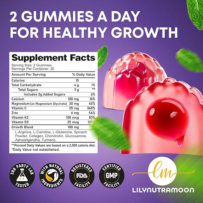 Height Growth Gummies for Kids &amp Teens - Calcium Vitamin D3 + K2 Zinc Magnesium L-Arginine Vitamin C - Multivitamin for Teen Boys &amp Girls - Grow Taller Supplement for Kids Height - 60 Gum