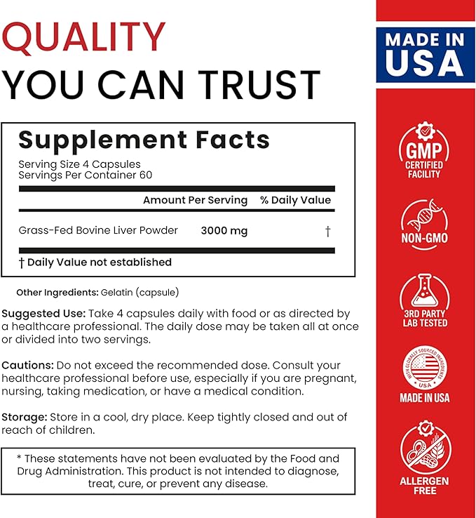 Beef Liver Capsules – USA-Made (Value Pack) Whole Food Source of 30+ Bioavailable Nutrients: Vitamin A B12 Folate Heme Iron Zinc for Energy Immunity Skin – 100% Grass-Fed Beef Organ Supplement