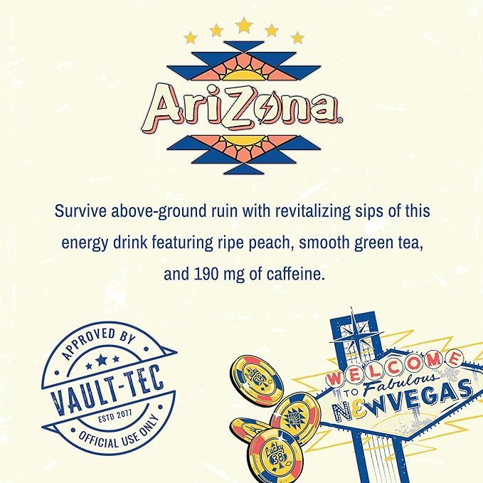 AriZona x Fallout Sweet Peach Green Tea Energy Drink 15 fl oz (Pack of 12) - 190mg Caffeine per Can