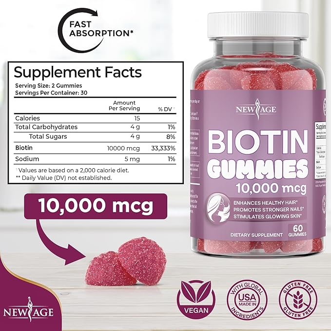 NEW AGE Biotin Gummies – Hair Skin &amp Nails Gummies – 10000 mcg - Non-GMO Supplement for Women Men - Made in USA -120 Count