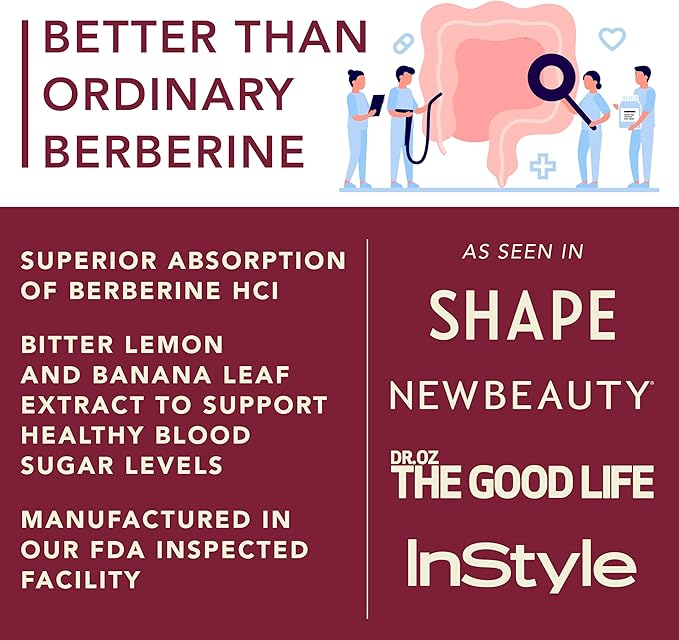 Berberine Supplement - 10xHigher Absorption Berberine HCI Complex with Bitter Lemon &amp Banaba Leaf - Cholesterol &amp Metabolic Clinically Researched Support - 60 Capsules Non-GMO