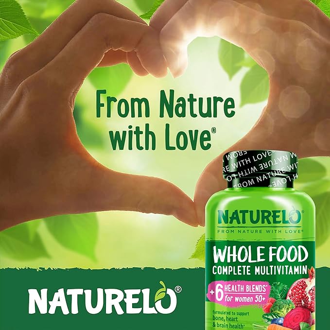 NATURELO Whole Food Multivitamin for Women 50+ (Iron Free) with Vitamins Minerals &amp Organic Extracts - Supplement for Post Menopausal Women Over 50 - No GMO - 120 Vegan Capsules