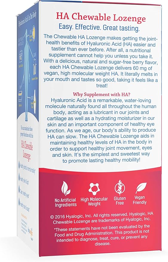 Hyalogic Hyaluronic Acid Chewable Lozenge - Chewable Tablets for Joints Skin Care &amp Eyes – Vegan Sugar-Free and Berry Favored Hyaluronic Acid Supplements (60 Count)