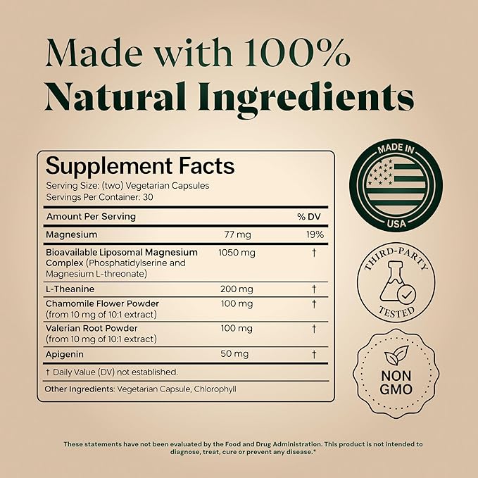 Magnesium L-Threonate with Apigenin Valerian Root &amp L-Theanine – No Melatonin Restful Sleep &amp Brain Supplement – Clinically Studied 7-Ingredient Formula – Memory &amp Focus – 60 Capsules