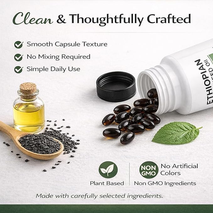 Hano Ethiopian Black Seed Oil Capsules with Cold Pressed Nigella Sativa Seed Oil 4.64% Thymoquinone Plant Based Botanical Supplement Non GMO 60 Softgels (1)