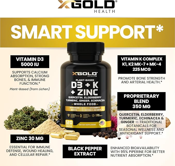 Vitamin D K2 K1 Zinc Quercetin Elderberry Turmeric Ginger &amp Echinacea Whole Food Supplement 8 in 1- D3 5000 IU Plant-Based from Lichen Vitamin K (K2 MK7 MK4 K1) D3 K2 Vitamins -120 Caps