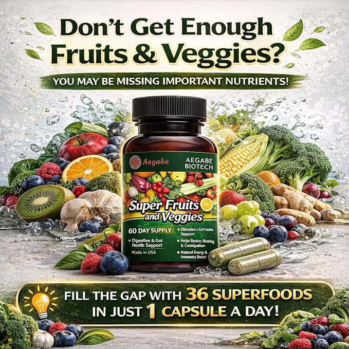 Premium Super Fruits and Veggies Supplement - 36 Whole Food Extracts - Advanced Digestive Health &amp Immune Support - One Capsule Daily - Made in USA - 60-Day Supply