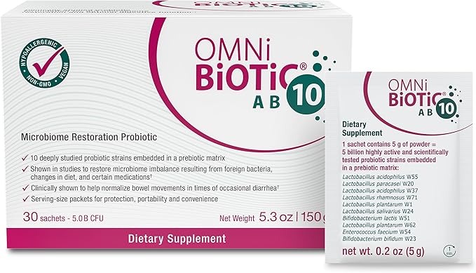 OMNi BiOTiC AB 10 - Clinically Tested Restorative Probiotic - Supports &amp Restores Gut Flora &amp Digestion - Digestive Probiotic for Diarrhea - Vegan Hypoallergenic Non-GMO (30 Daily Packets)