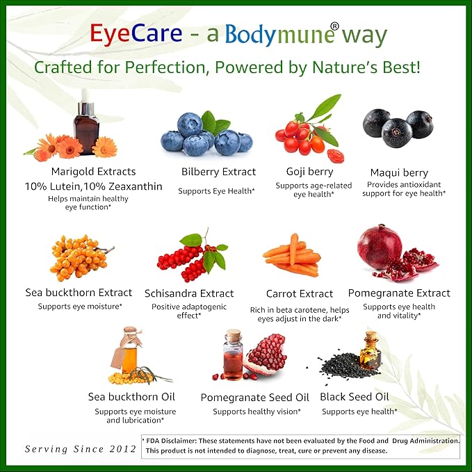Bodymune Advanced EyeCare | USDA Organic Eye Health Supplement with Lutein &amp Zeaxanthin | Maqui Goji &amp Sea Buckthorn Extracts | 30-Day Supply | Vegan Non-GMO Made in USA