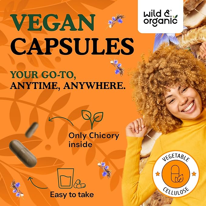 Wild &amp Organic Chicory Root Capsules - 1200 mg of Chicory Root Powder per Serving - Digestive &amp Gut Support - Inulin Fiber Prebiotic Supplement - Non-GMO Vegan Inulin Capsules - 90 Count