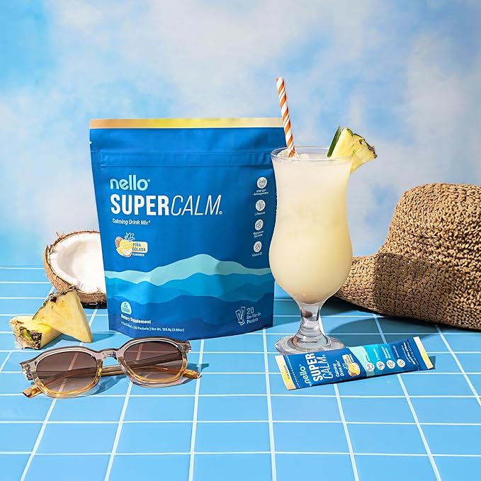 Nello Supercalm Powdered Drink Mix Cortisol Reducer* and Sleep Aid Supplement L Theanine Ksm-66 Ashwagandha Magnesium Glycinate Vitamin D 3 No Sugar Non GMO On The Go 20 Ct Pina Colada