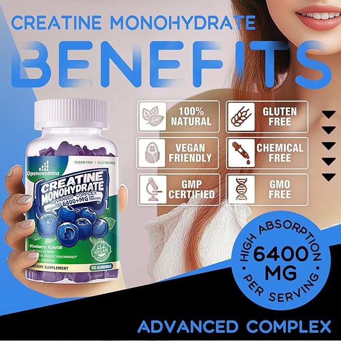 Creatine Monohydrate Gummies Complex for Men &amp Women -Advanced Formula W/L-Taurine + Vitamin B12 Sugar Free Chewable Supplement180 Blueberry Gummies 2pack