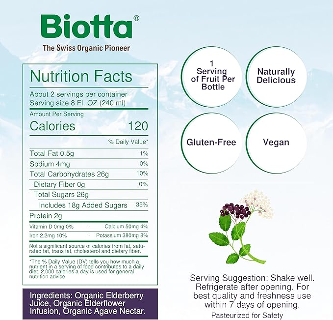 Biotta Organic Elderberry Juice - Naturally Sweetened Fruit Juice For Optimal Immune Support Function - With Immunity Boosting Elderberries - Good Source of Potassium (16.9 Fl Oz Pk of 6)