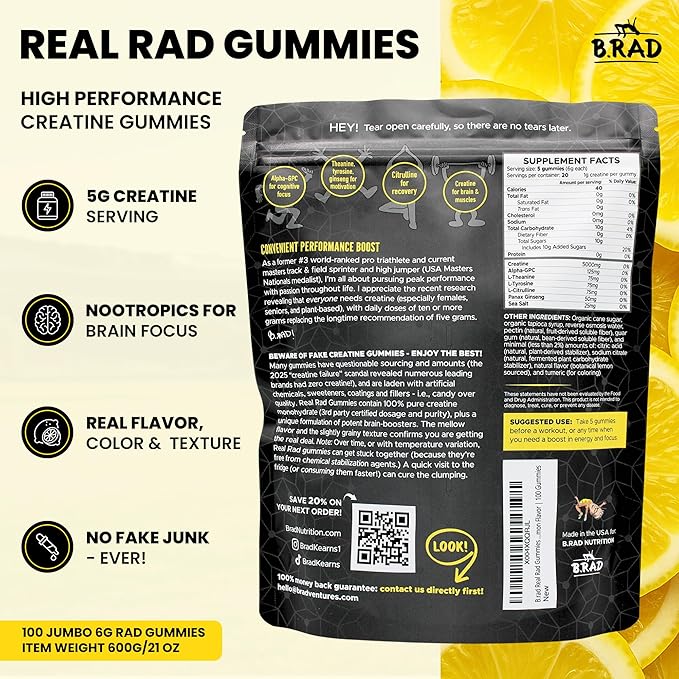 B.rad Real Rad Creatine Gummies | 5g Creatine Monohydrate Per Serving | with Alpha GPC L-Theanine L-Tyrosine L-Citrulline &amp Panax Ginseng | Natural Lemon Flavor | 100 XL Gummies