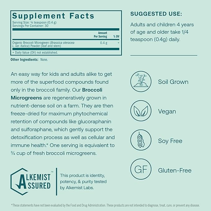 True Grace Broccoli Microgreens - 0.4 oz - Daily Superfood Powder for Cellular &amp Immune Health - Gluten &amp Soy Free Vegan Regenerative Organic Certified - 30 Servings
