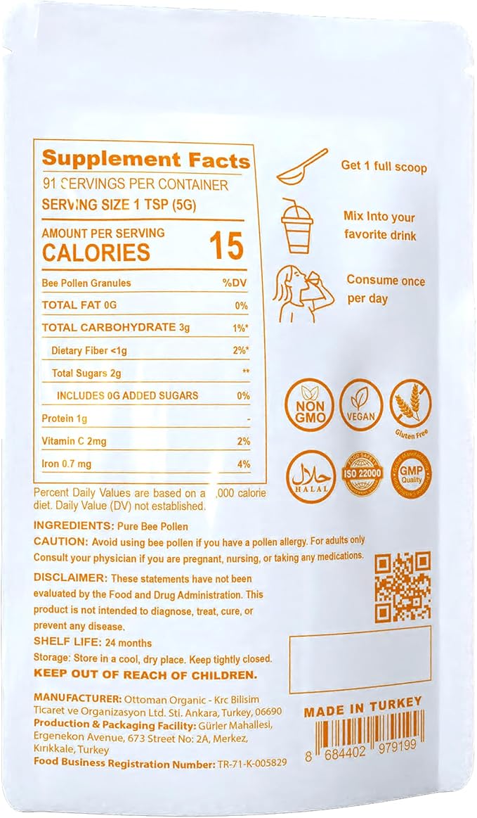 Bee Pollen – USDA &amp EU Organic Certified Halal ISO 22000 &amp GMP | 100% Pure Superfood Rich in Vitamins &amp Minerals | Non-GMO Additive-Free (1 Pound (Pack of 1))