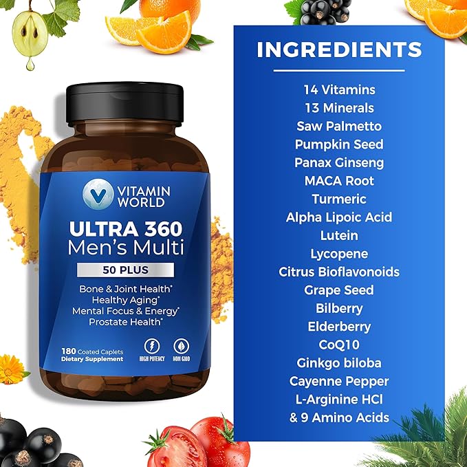 Vitamin World Ultra 360 Multivitamin for Men 50 Plus Men's 50+ Multivitamin with Minerals &amp Herbs for Prostate Function Supplement with Vitamin A C D E &amp Zinc for Healthy Aging 180 Caple
